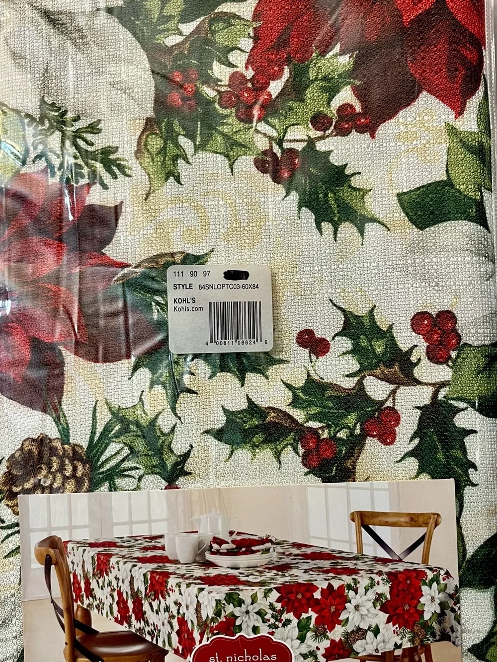 St. Nicholas Square Christmas Tablecloth Oblong 60x84 NWT Poinsettia Holly